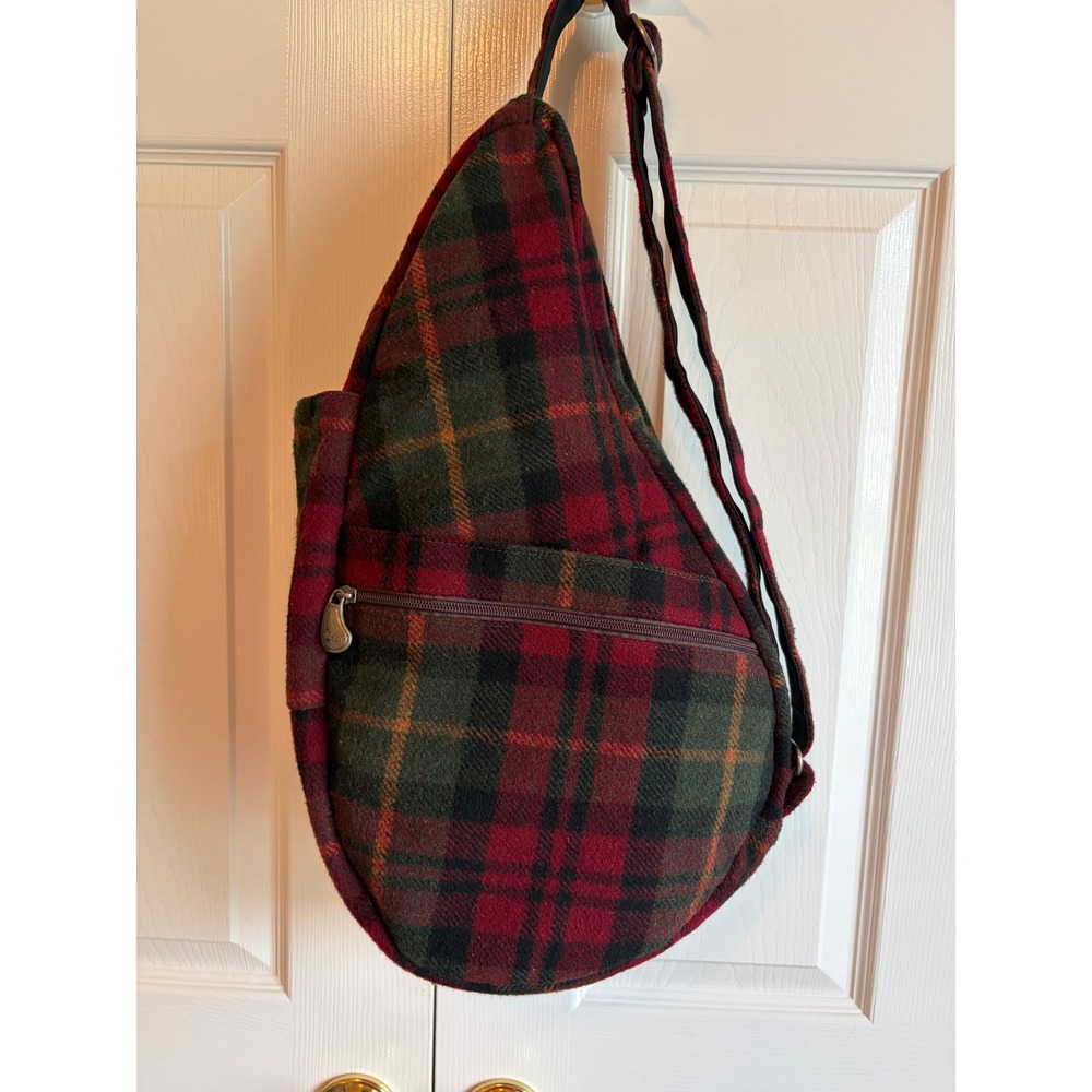 AmeriBag Healthy Back Bag Vintage 90s Wool Plaid Leather Trim Sling Backpack Red
